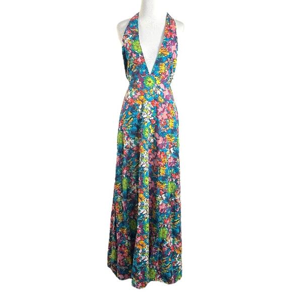 Free People Retro 60s 70s Floral Psychedelic Saffron Halter Maxi Dress Large - Picture 5 of 14
